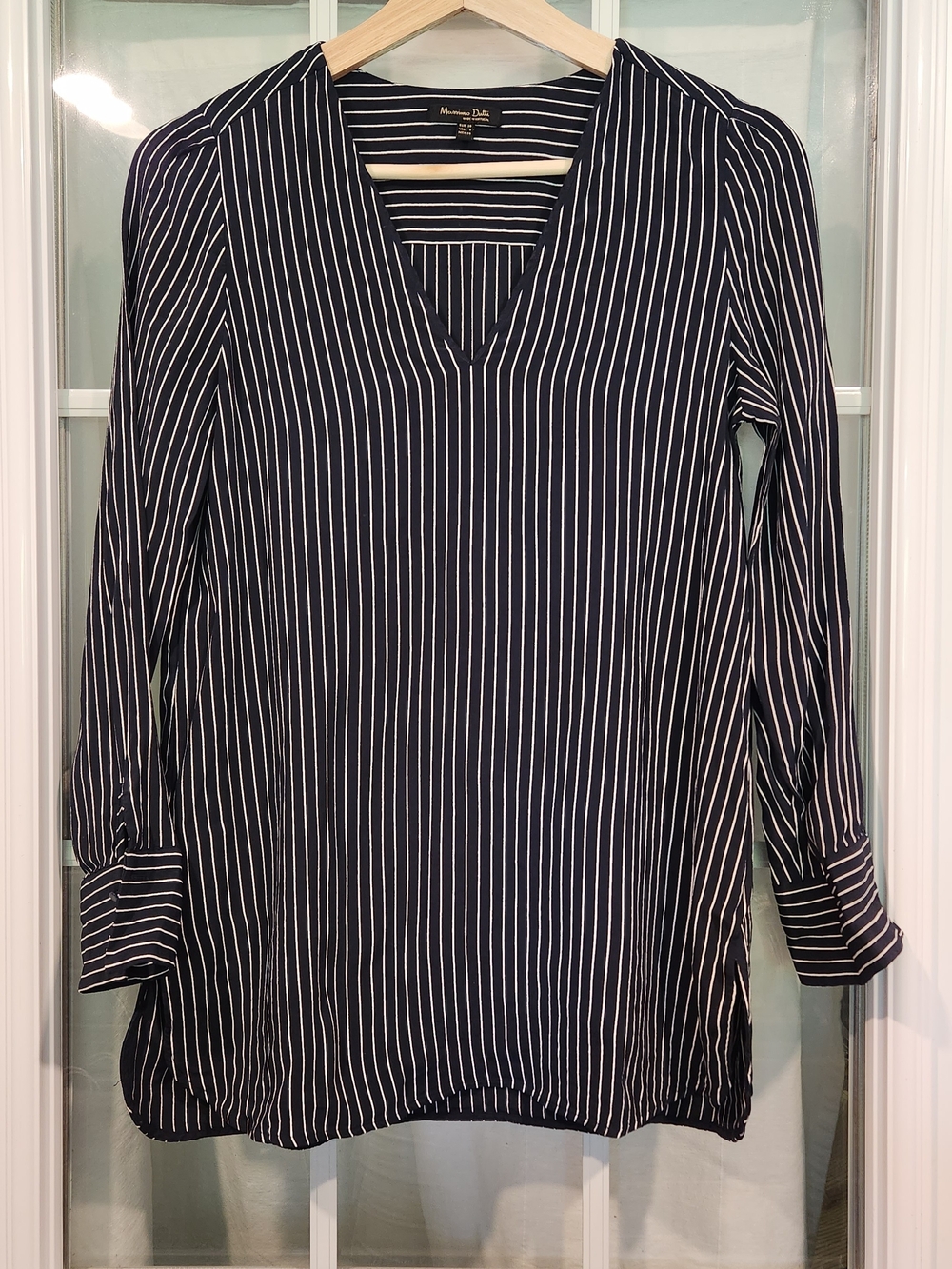 Massimo Dutti Navy and White Pinstripe V-Neck Blouse